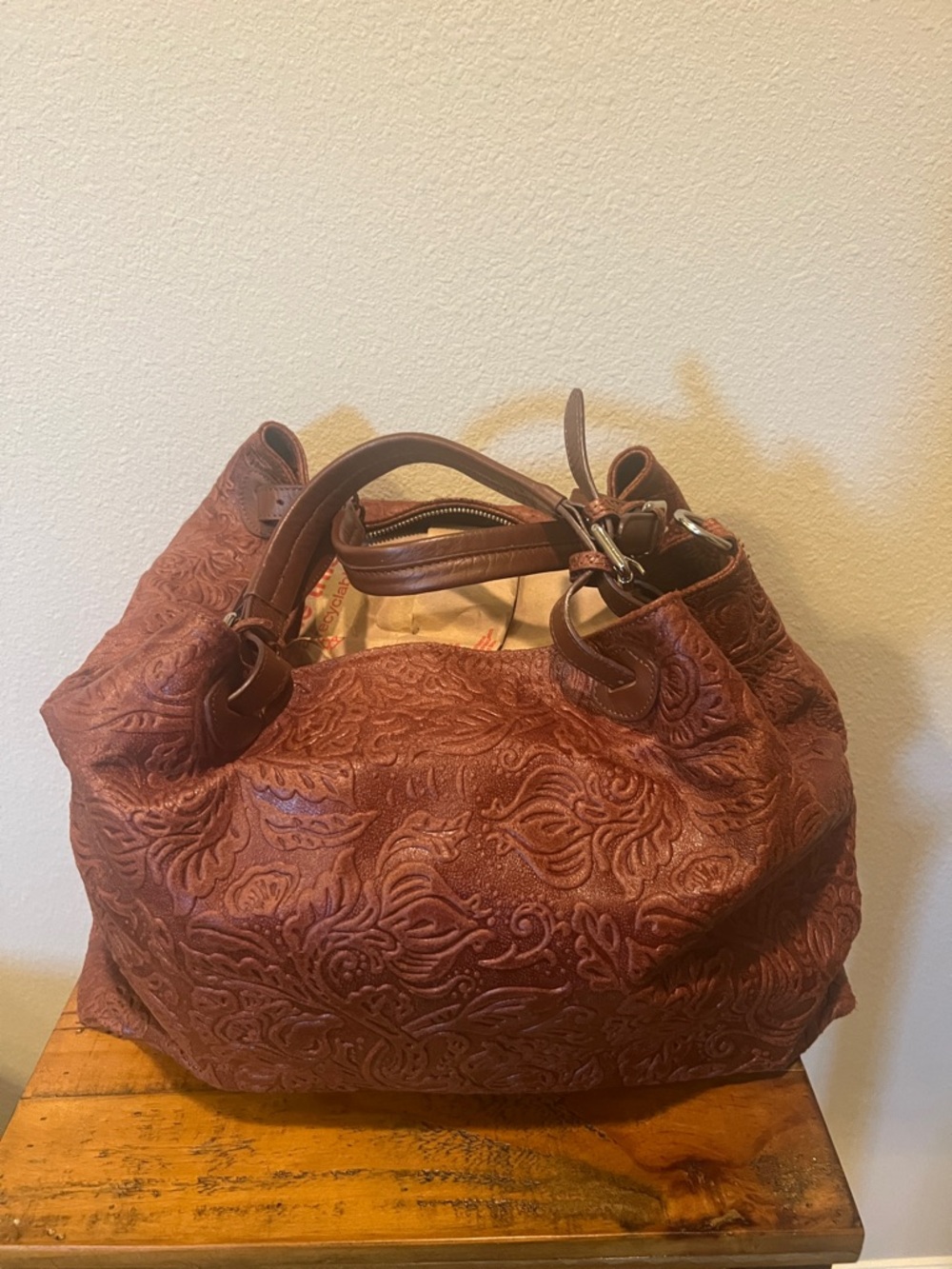Tulipani Italian Leather Bag Textured Floral Embossed Shoulder Bag in Rust NWOT
